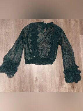Sheer Lace Blouse Dark Green Romantic Mesh Top Long Sleeve Ruffle Detail Medium